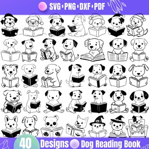 Puede incluir: Una colección de 40 ilustraciones en blanco y negro de perros leyendo libros. Algunos perros llevan sombreros, incluyendo gorros de Papá Noel y sombreros de bruja. La imagen incluye el texto "SVG PNG DXF PDF" y "40 Designs Dog Reading Book."