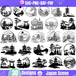 Op de afbeelding: 30 zwart-witte silhouetontwerpen van Japanse scènes met pagodes, bergen, bomen en andere traditionele elementen. De ontwerpen zijn perfect voor knutselen, scrapbooking en andere creatieve projecten.