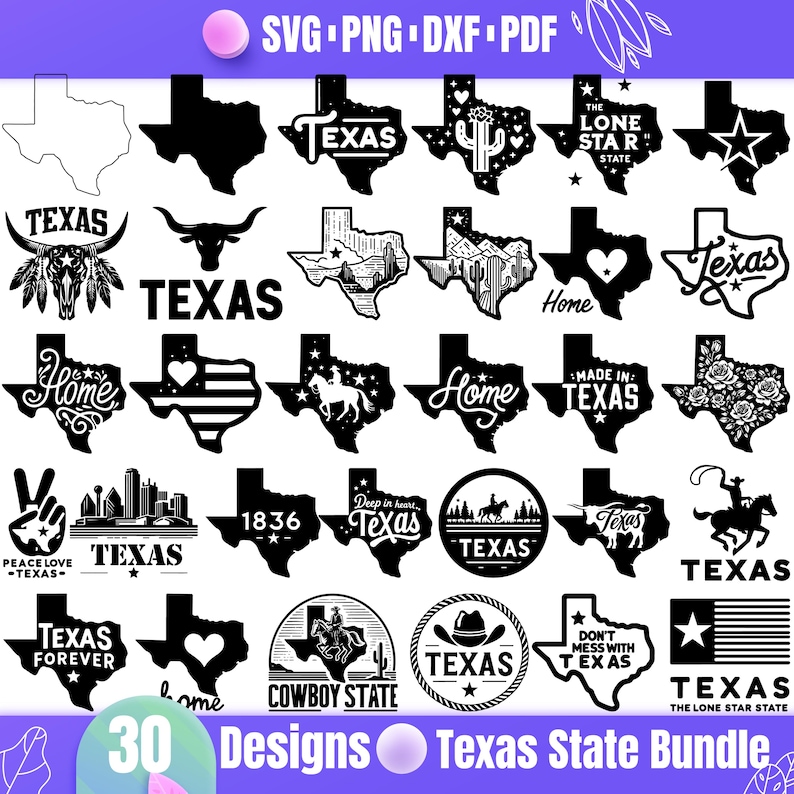 May include: A set of 30 black and white Texas state-themed SVG, PNG, DXF, and PDF digital files. The designs include various Texas-related images, such as the state outline, a cowboy hat, a longhorn steer, and the words "Texas" and "Home".