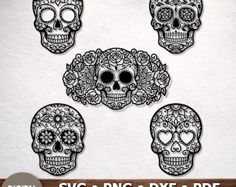 Zuckerschädel Metall Wandkunst, Dia de los Muertos Blumendekor SVG DXF, verziertes Schädelzeichen