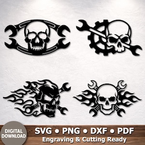 May include: Four black metal skull designs. One skull is surrounded by wrenches, another with a gear and wrench, and two with flames and wrenches. The bottom of the image has the text "DIGITAL DOWNLOAD" and file type options.