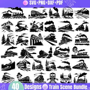 May include: A collection of 40 black and white train scene designs. The images include various train illustrations with mountains, trees, and bridges. Text at the top reads "SVG PNG DXF PDF" and at the bottom "40 Designs Train Scene Bundle".