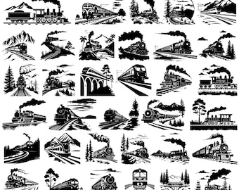Train Scene SVG Bundle | 40 Vintage Locomotive Clipart Designs | Steam Engine Vector | Railway Landscape | Classic Travel Art |