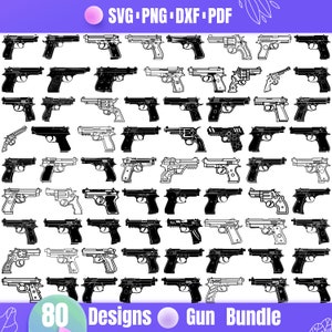 May include: A set of 80 black and white gun designs. The designs are in a variety of styles, including pistols, revolvers, and rifles. The designs are perfect for use in crafting, scrapbooking, or other creative projects.