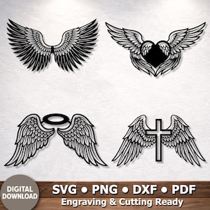 May include: A set of four black and white digital graphic designs featuring angel wings. The designs include a pair of wings, a heart with wings, wings with a halo, and wings with a cross. These vector-style illustrations are for digital download.