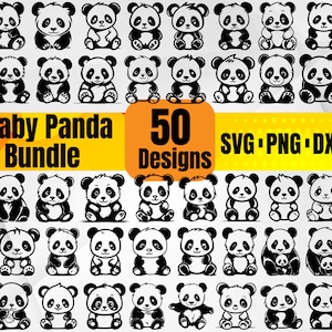 Paquete de 50 imágenes SVG de pandas bebés / Diseños vectoriales de pandas adorables / Archivos de corte digitales para Cricut y Silhouette / Conjunto de imágenes prediseñadas de animales