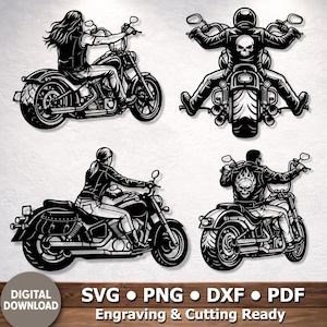Peut inclure: Quatre illustrations graphiques en noir et blanc de motocyclistes sur des cruisers. Deux montrent les conducteurs de profil et deux de dos, dont un avec un emblème de crâne sur la veste. Le texte en bas indique Digital Download SVG PNG DXF PDF.