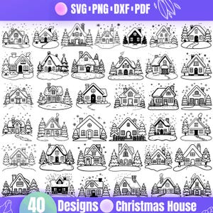 May include: A set of 40 black and white Christmas house illustrations. The houses are in various styles, some with chimneys, some with snow on the roof, and some with trees in front. The illustrations are perfect for use in crafting projects, scrapbooking, or digital design.