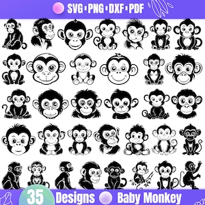 May include: A selection of 35 monochrome baby monkey designs, showcasing diverse poses and expressions. The image features the text "SVG PNG DXF PDF" and "35 Designs Baby Monkey".