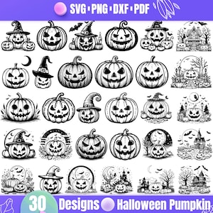 May include: A set of 30 black and white Halloween pumpkin designs. The designs feature pumpkins with different expressions, hats, and backgrounds. The designs are perfect for creating Halloween crafts, decorations, and more.