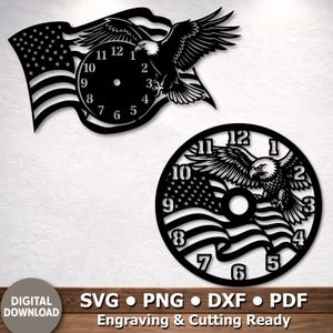 May include: Black metal wall clock featuring an American flag design with an eagle and clock face. The clock is a digital download, ready for engraving and cutting. The clock has the numbers 1 through 12.