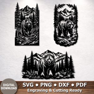 Könnte beinhalten: Drei Wandkunststücke aus schwarzem Metall mit Bärenmotiven. Jedes Stück zeigt einen Bären in einer Waldlandschaft mit Bergen im Hintergrund. Der untere Teil enthält den Text "SVG • PNG • DXF • PDF Engraving & Cutting Ready".