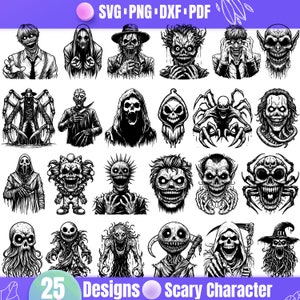 Puede incluir: Un conjunto de 25 ilustraciones en blanco y negro de personajes aterradores. Los personajes incluyen una variedad de monstruos, demonios y otras criaturas espeluznantes. Las ilustraciones son perfectas para usar en decoraciones de Halloween, manualidades y otros proyectos.