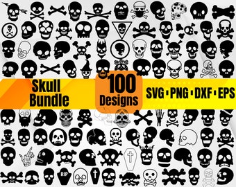 Skull SVG Bundle, 100 Skull Designs, Skull Clipart, Skull Silhouette Vector, Skull and Crossbones, Halloween Skull Cut Files for Cricut