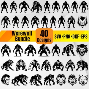 Puede incluir: Un conjunto de 40 diseños de siluetas de hombre lobo en blanco y negro. Los diseños incluyen varias poses y expresiones de hombres lobo, incluyendo de pie, aullando y gruñendo. El texto "Werewolf Bundle 40 Designs SVG PNG DXF EPS" se muestra en la parte superior de la imagen.