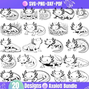 Paquete SVG de ajolote / 20 adorables diseños de anfibios para Cricut y sublimación / Arte kawaii de animales acuáticos / SVG, PNG, DXF, PDF