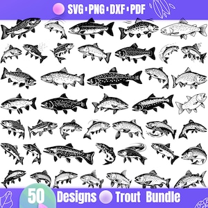 Könnte beinhalten: Ein Set mit 50 Schwarz-Weiß-Silhouetten-Designs von Forellen. Die Designs sind perfekt für Basteln, Scrapbooking und andere kreative Projekte.  50 Designs Trout Bundle.