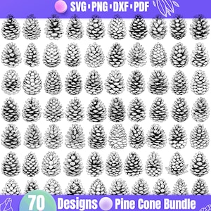 Puede incluir: Una colección de 70 diseños detallados de piñas en blanco y negro. La imagen incluye el texto "SVG PNG DXF PDF" en la parte superior y "70 Designs Pine Cone Bundle" en la parte inferior, sugiriendo recursos de arte digital.