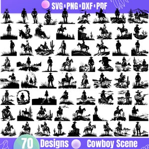 May include: 70 black and white silhouette designs of cowboys riding horses in various scenes. The designs include cowboys with hats, lassos, and guns. The scenes include cacti, mountains, and sunsets.