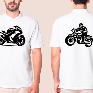 May include: White polo shirt featuring a black motorcycle graphic on the front and back. The front design is a sleek sport bike, while the back showcases a rider on a cruiser. The shirt is made of a soft, comfortable material.