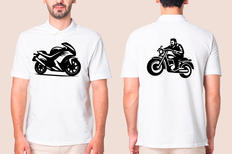 May include: White polo shirt featuring a black motorcycle graphic on the front and back. The front design is a sleek sport bike, while the back showcases a rider on a cruiser. The shirt is made of a soft, comfortable material.