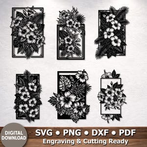 May include: Six black and white floral wall art designs featuring hibiscus flowers and tropical leaves. Each design is framed in a rectangular shape. The bottom of the image includes the text "DIGITAL DOWNLOAD" and file type options.
