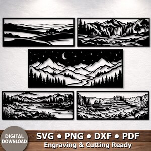 Peut inclure: Cinq pièces d'art mural paysager en métal noir. Chaque pièce rectangulaire représente une scène différente de montagne, de rivière ou de désert. Le bas de l'image porte les mots "DIGITAL DOWNLOAD" et "SVG • PNG • DXF • PDF Engraving & Cutting Ready."