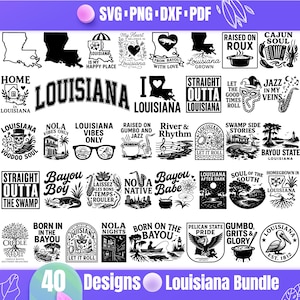 Louisiana SVG-paket | 40 Louisiana State-designer | Pelican State | NOLA-kvällar | Bayou-, Gumbo-, Jazz-, Cajun Soul- och Cricut-klippfiler