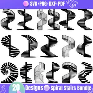 May include: A set of 20 black and white vector illustrations of spiral staircases. The designs are in a variety of styles, including simple, detailed, and modern. The text "20 Designs Spiral Stairs Bundle" is at the bottom of the image.
