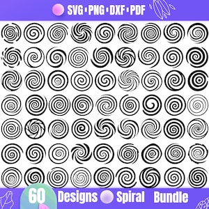 May include: A set of 60 black and white spiral designs. The spirals are arranged in a grid pattern. The text "60 Designs Spiral Bundle" is at the bottom of the image.