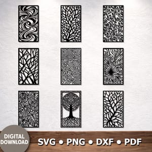 Può includere: Nove pannelli decorativi neri con vari disegni ispirati alla natura, tra cui alberi, foglie e motivi astratti. I pannelli sono rettangolari e presentano intricati dettagli ritagliati. Le parole "DIGITAL DOWNLOAD" e le abbreviazioni dei tipi di file sono in basso.