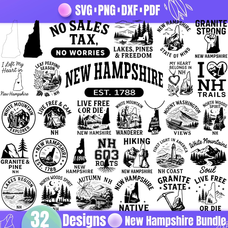 New Hampshire SVG Bundle | 32 New Hampshire State Designs | White ...