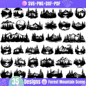 Pacchetto SVG di scena di montagna forestale di alta qualità, dxf di scena di montagna di foresta, png di scena di montagna di foresta, vettore di paesaggio, clipart di paesaggio
