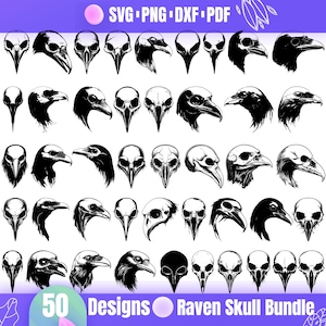 May include: A set of 50 black and white raven skull designs. The designs are in various poses and angles, including side views, front views, and profile views. The designs are perfect for crafting, scrapbooking, and other creative projects.