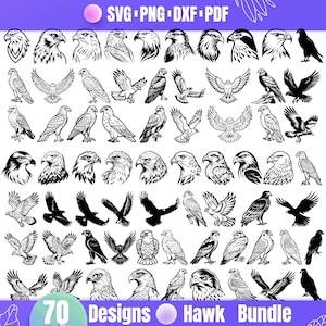 May include: A set of 70 black and white hawk designs in various poses, including flying, perched, and headshots. The designs are perfect for crafting projects, logos, and more.