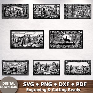 Pode incluir: Um conjunto de painéis de arte de parede em metal preto que retratam cenas de cowboys, cavalos e paisagens desérticas. Os painéis são retangulares com designs recortados intrincados. A parte inferior da imagem inclui o texto "DOWNLOAD DIGITAL" e opções de tipo de arquivo.