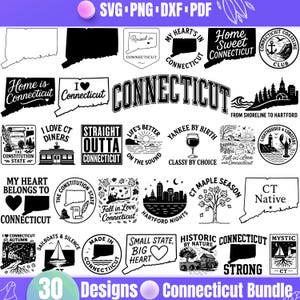 Puede incluir: Una colección de 30 diseños con temática de Connecticut en formatos SVG, PNG, DXF y PDF. Los diseños incluyen contornos del estado, frases como "Home Sweet Connecticut" e ilustraciones de símbolos.