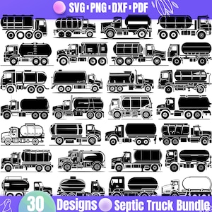Puede incluir: Un conjunto de 30 diseños de camiones de aguas residuales en silueta negra y blanca. Los diseños son perfectos para crear manualidades, calcomanías y otros proyectos.