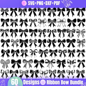 May include: A set of 60 black and white ribbon bow designs. The bows are in various shapes and sizes. The image includes the text "60 Designs Ribbon Bow Bundle".