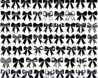 Op de afbeelding: Een set van 60 zwart-witte strikdesigns. De strikken zijn in verschillende vormen en maten. De afbeelding bevat de tekst "60 Designs Ribbon Bow Bundle".