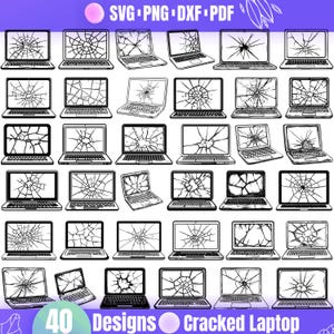May include: A collection of 40 black and white designs of cracked laptop screens. The image includes the text "SVG PNG DXF PDF" at the top and "40 Designs Cracked Laptop" at the bottom, indicating file formats and the product's theme.