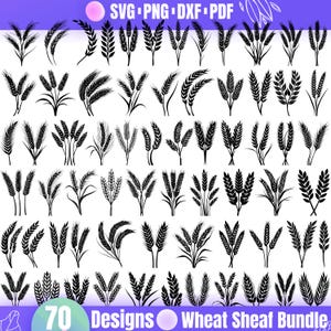 May include: A set of 70 black and white wheat sheaf designs. The designs are in a variety of styles, including simple outlines and more detailed illustrations.  70 Designs Wheat Sheaf Bundle.