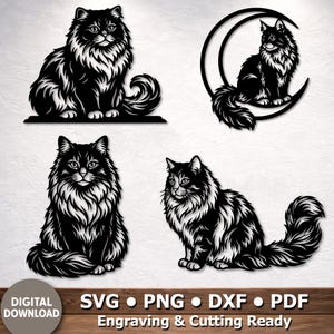 Könnte beinhalten: Ein Set aus vier schwarz-weißen digitalen Illustrationen von langhaarigen Katzen in verschiedenen Posen, darunter eine Katze auf einer Mondsichel. Das Bild enthält den Text: DIGITAL DOWNLOAD SVG PNG DXF PDF Engraving & Cutting Ready.