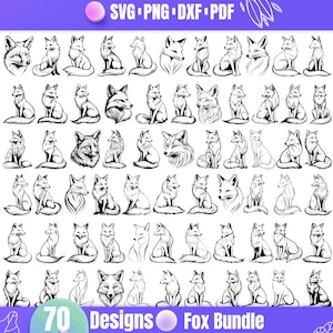 May include: A set of 70 black and white fox illustrations. The foxes are in various poses, including sitting, standing, and running. The illustrations are perfect for use in crafting projects, scrapbooking, or digital design.