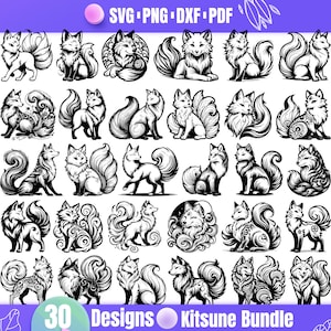May include: A set of 30 black and white vector illustrations of kitsune, the Japanese mythical fox spirit. The illustrations feature various poses and styles, including kitsune with multiple tails, sitting, standing, and curled up.