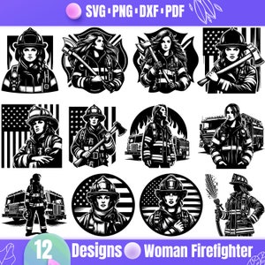 May include: Twelve black and white illustrations of a woman firefighter in various poses. The illustrations include a woman firefighter holding an axe, a woman firefighter standing in front of a fire truck, and a woman firefighter holding a hose. The illustrations are all set against a background of the American flag.