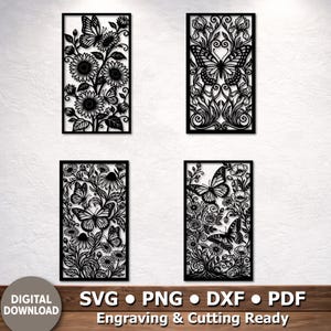 Könnte beinhalten: Vier rechteckige, schwarze, lasergeschnittene Paneele mit komplexen Blumen- und Schmetterlingsmotiven. Oben links Sonnenblumen und Schmetterlinge, oben rechts ein großer Schmetterling mit verzierten Schnörkeln, unten verschiedene Blumen und Schmetterlinge. Text: DIGITAL DOWNLOAD SVG PNG DXF PDF Engraving & Cutting Ready.