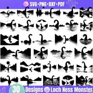 Può includere: Un set di 30 disegni di silhouette in bianco e nero che rappresentano il mostro di Loch Ness. I disegni mostrano il mostro in varie pose, tra cui nuotare, emergere dall'acqua e guardare in giro. I disegni sono perfetti per creare artigianato, adesivi e altri progetti.