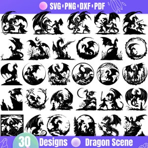 May include: A set of 30 black and white dragon silhouette designs. The designs feature dragons in various poses, including flying, sitting, and standing. Some designs include a background scene, such as a forest or a mountain.
