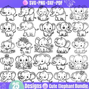 May include: A set of 25 black and white line art illustrations of cute baby elephants in various poses. The elephants are wearing hats, flowers, and other accessories. The text "25 Designs Cute Elephant Bundle" is at the bottom of the image.